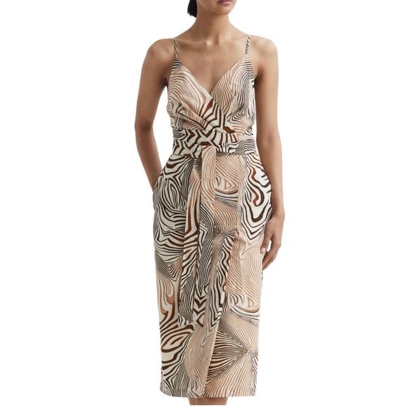 REISS Linen Blend Zebra Print Dress Size 10 Cream Brown Surplice Tie Waist Midi - Picture 1 of 14